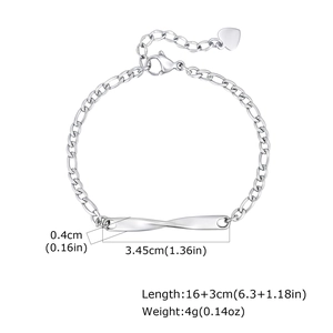 Detail of gold Figaro chain Mobius bracelet showing dimensions and heart charm