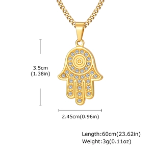 Collana con ciondolo Mano di Fatima e zirconi, dimensioni 3,5 x 2,45 cm, catena 60 cm