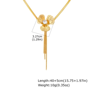 Detailed size view of gold flower necklace with zircon petals and tassel chain links