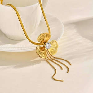 Fashion Stainless Steel Floral Pendant Y-Shaped Necklace With Zirconia Gold Plated Tassel Blade Chain Jewelry For Women