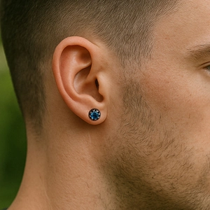 Gros plan d'un clou d'oreille en titane pour homme avec zircon bleu serti couronne