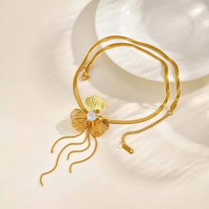 Gold stainless steel snake chain necklace with zircon flower pendant and tassels