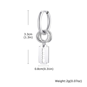 Boucle d'oreille punk en acier inoxydable avec pendentif rasoir et dimensions