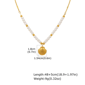 Detailed view of pearl shell necklace with specific pendant size and chain length