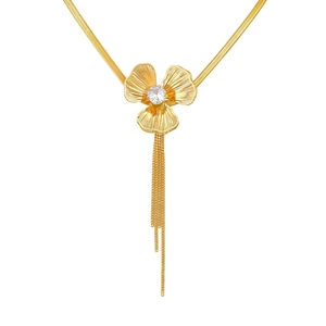 Gold stainless steel Y-shaped necklace with zircon triple-petal flower and tassel chains