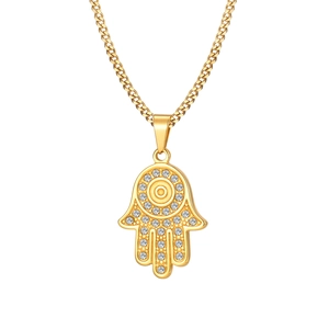 Collana in acciaio inossidabile dorato con ciondolo Mano di Fatima e zirconi bianchi