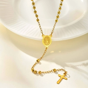 Collana rosario in acciaio inossidabile dorato con medaglia della Madonna e croce