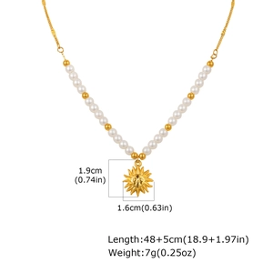 Detailed view of sun pendant with pearl beads and adjustable gold stainless steel chain