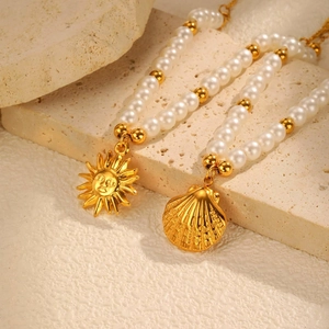 Stainless Steel Pendant Necklaces White Imitation Artificial Pearl Shell Sun Face Charms Summer Beach Vintage Jewelry For Women