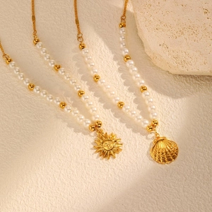 Elegant gold plated stainless steel pearl necklaces with sun and shell charms