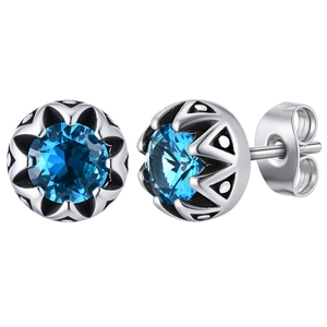 Boucles d'oreilles en acier titane avec zircon bleu et serti couronne style rétro punk