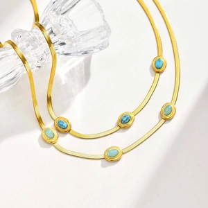 Collana vintage in acciaio inossidabile con pietre di turchese e opale per donna con catena