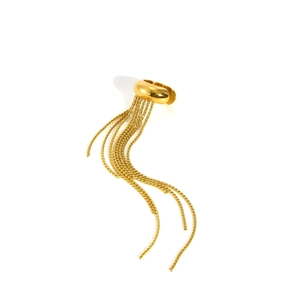 Detailed close-up of polished gold ear cuff featuring elegant hanging tassel chains