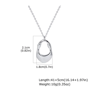 Detail view of irregular hollow pendant necklace with size and weight measurements