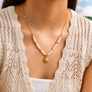 Golden sun pendant pearl necklace with minimalist face design for women jewelry