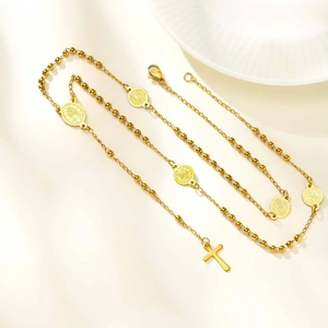 Collana a Y dorata in acciaio inossidabile con perline, croce e medaglie religiose vintage