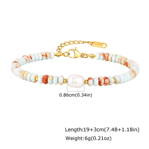 Stainless steel beaded bracelet with pearls, blue beads and adjustable lobster clasp