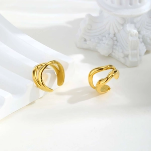 Paire de boucles d'oreilles manchettes vagues dorées en acier inoxydable à double rang