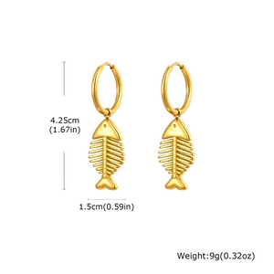 Detailed view of gold fishbone hoop earrings showing height, width, and weight dimensions