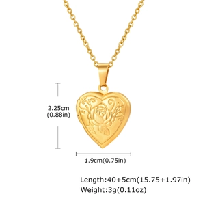 Golden heart locket necklace with rose relief and adjustable chain, 2.25x1.9cm size