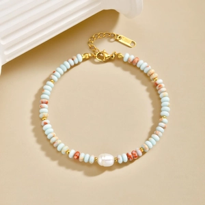 Stainless Steel Artificial Pearl Crystal Beaded Bracelet Multicolor Bohemian Summer Jewelry Gift For Women BR-2734