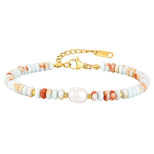 Stainless steel beaded bracelet featuring colorful natural stones and a white freshwater pearl