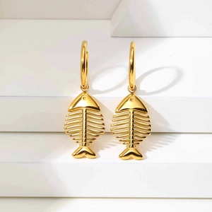Golden stainless steel fishbone hoop earrings with minimalist hollow design for women