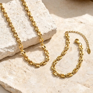 Minimalistische Vergulde Roestvrijstalen Rechthoekige Schakelketting Sieradenset Armband En Ketting Voor Dames INS Stijl Sieraden
