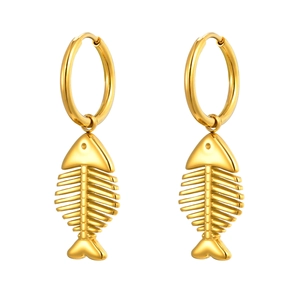 Minimalist gold stainless steel hoop earrings featuring unique fish bone pendant design