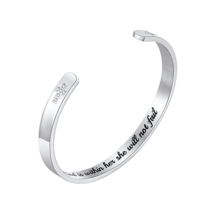 Silver stainless steel open bangle with cross charms and motivational engraving