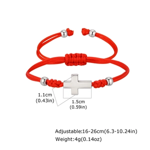 Adjustable red braided rope bracelet with stainless steel cross pendant and silver beads