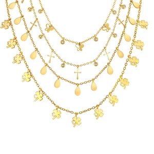 Goldenes Edelstahl Halsketten Set mit Kleeblatt Schmetterling und Kreuz Zirkonia Anhänger