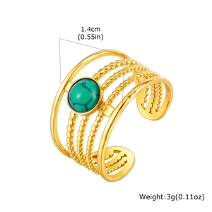 Gold multi-layer stainless steel wave ring with round turquoise stone, 1.4cm width