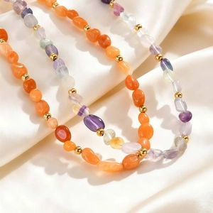 Natural colorful stone chips necklace with stainless steel chain and gold beads detail