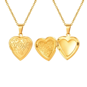 Gold heart-shaped locket necklace with rose engraving shown in open and closed views