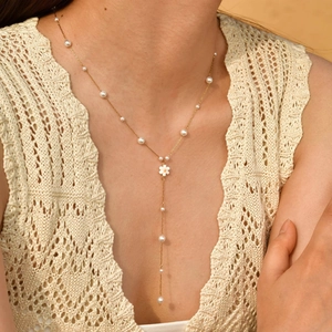 Women Stainless Steel Gold Plated Artificial Pearl Daisy Flower Y Shaped Necklace Elegant Adjustable Clavicle Chain Jewelry