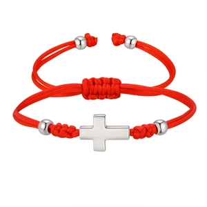 Adjustable red braided rope bracelet set with polished stainless steel cross charm