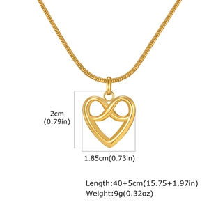 Detail of gold heart pendant necklace with infinity symbol and dimension measurements
