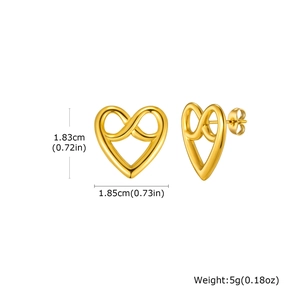 Gold stainless steel heart and infinity knot stud earrings with product dimensions