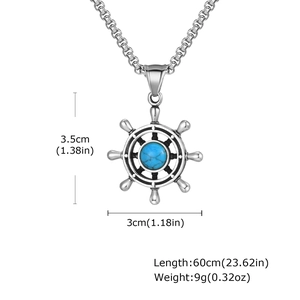 Stainless steel vintage rudder necklace with blue stone inlay and 60cm square link chain