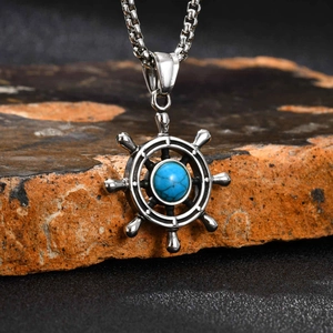 Vintage Stainless Steel Nautical Ship Wheel Helm Pendant Necklace With Artificial Turquoise Round Gemstone Navy Jewelry