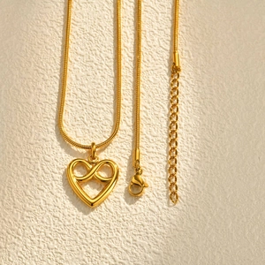 Gold stainless steel hollow heart necklace with infinity symbol on a snake chain