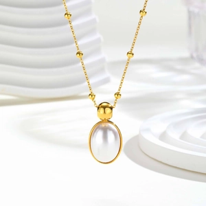 Vintage Stainless Steel Artificial Pearl Pendant Necklace Gold Satellite Chain Oval Artificial Pearl Necklace For Women Elegant Jewelry