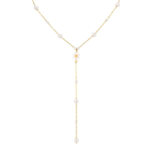 Gold Y-shaped necklace with white pearls and small daisy pendant on white background