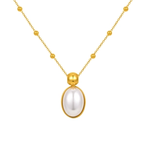 Golden necklace featuring oval pearl pendant and tiny bead details on a fine chain