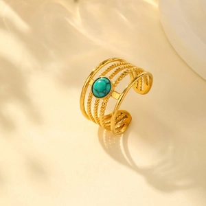 Detailed close-up of a multi-layer golden stainless steel ring with turquoise stone inlay