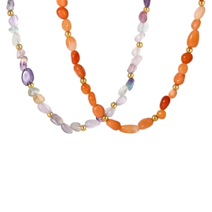 Natural gemstone chip necklace with stainless steel beads in various vibrant colors