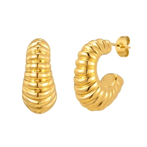 Golden hollow croissant twisted hoop earrings in polished stainless steel for women