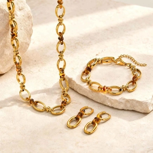 Set Orecchini Bracciale Collana con Maglie Ovali in Acciaio Inossidabile Vintage con Perle in Resina Effetto Ambra Donna