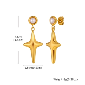 Detailed dimensions of 18K gold plated star earrings with pearl stud and horn pendant